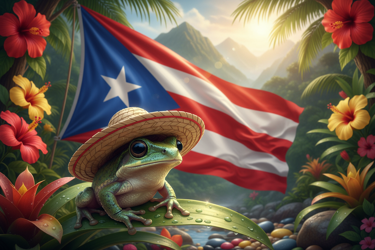 a picture of a coqui the puertorican frog with a pava the Puertorican hat and the puertorican flag on the background